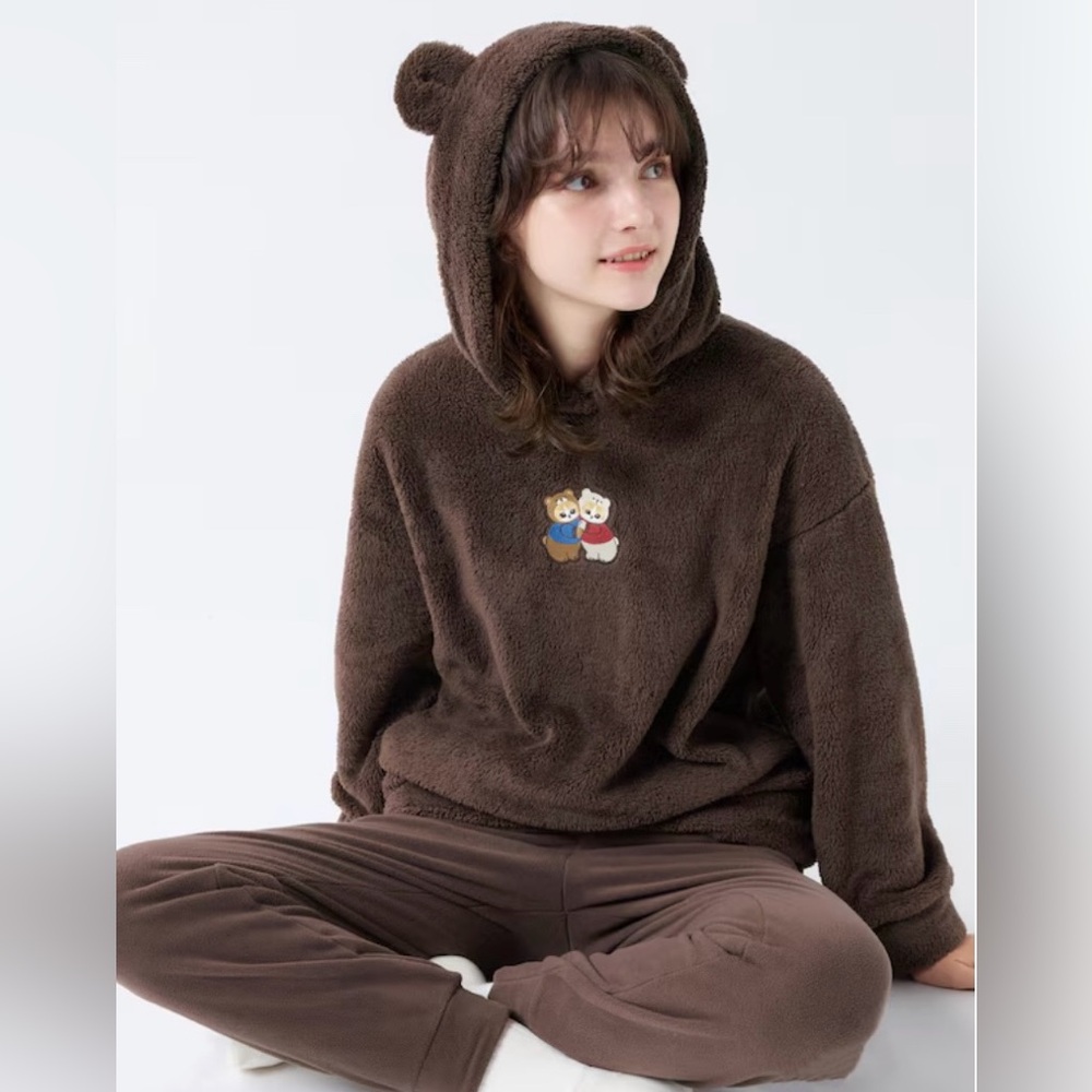 MOFUSAND x UNIQLO UT Fuzzy Fleece Bear Ears Hoodie / Lounge Pants Set L
